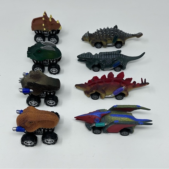 Dinosaur DinoBros Toy Pull Back Dino Car Lot Of 8 Triceratops Stegosaurus T-Rex - Picture 1 of 9